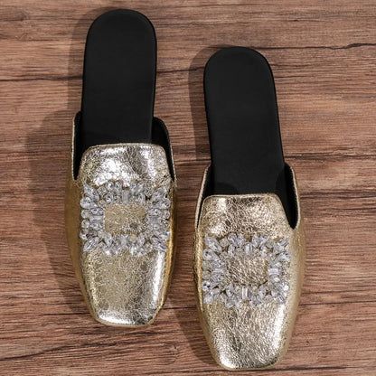 Women's Slippers 2024 Spring Autumn New Mules Slippers Luxurious Rhinestone Design Ladies Flat Slippers Pantuflas De Mujer