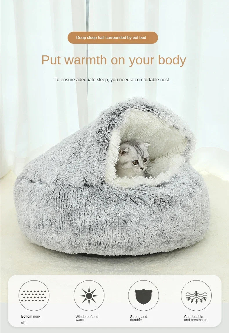 Winter Soft Plush Pet Bed with Cover Round Cat Bed Pet Mattress Warm Cat Dog Sleeping Nest Cave for Small Dogs Kitten 2 in 1