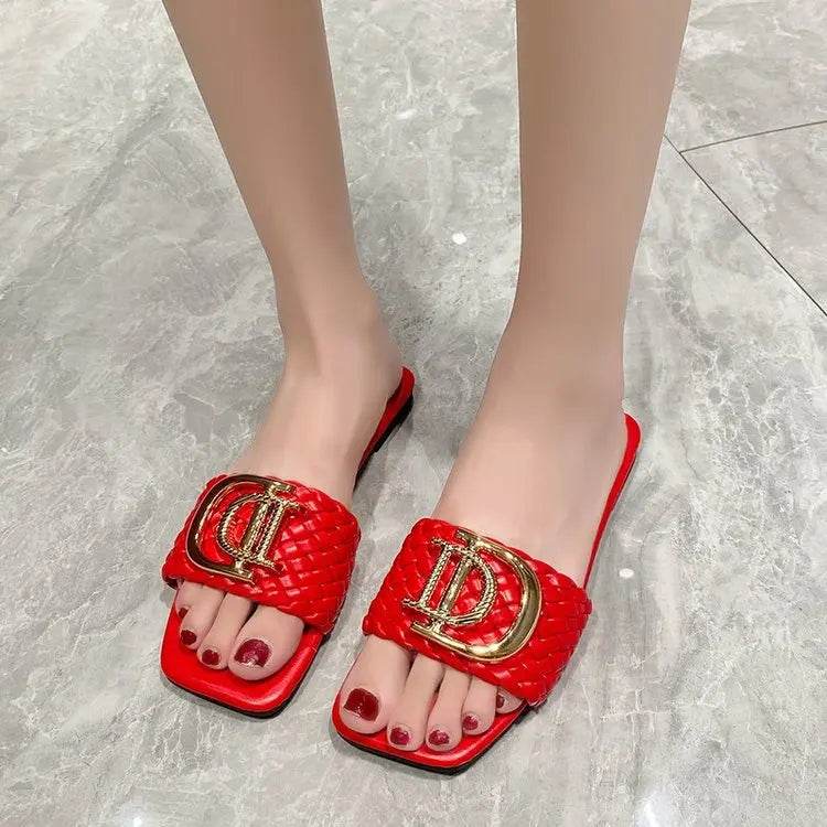Women Luxury Decor Weave Design Flat Sandals Fashion Open-toe Vacation Casual Slides Party Sexy Elegant Office-Ladies New Shoes - Imbasat