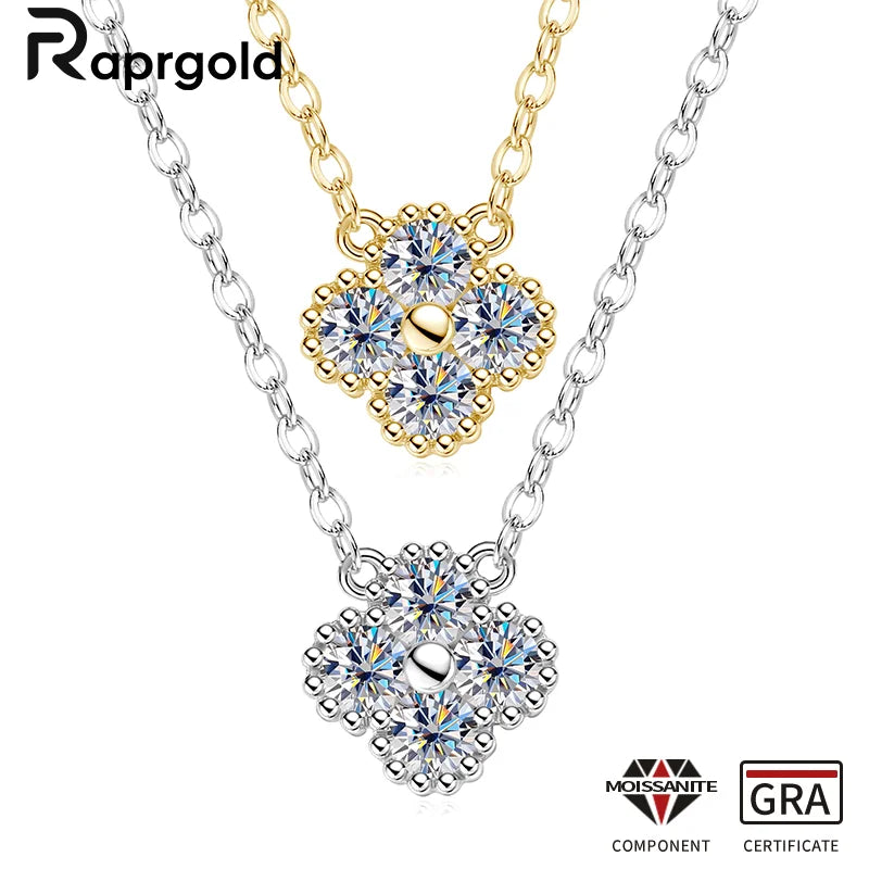 RAPRGOLD GRA Certified Moissanite Clover Pendant Necklace for Women Real S925 Sterling Silver Chains Wedding Neck Jewelry Gifts