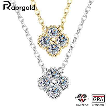 RAPRGOLD GRA Certified Moissanite Clover Pendant Necklace for Women Real S925 Sterling Silver Chains Wedding Neck Jewelry Gifts