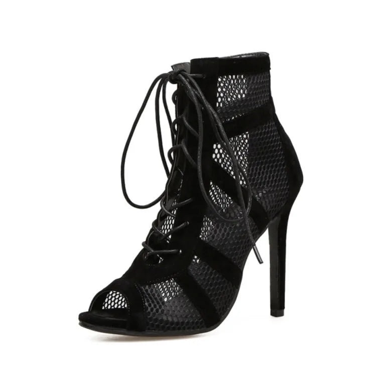 Black Net Fabric Cross Strap High Heel Lace-up Peep Toe