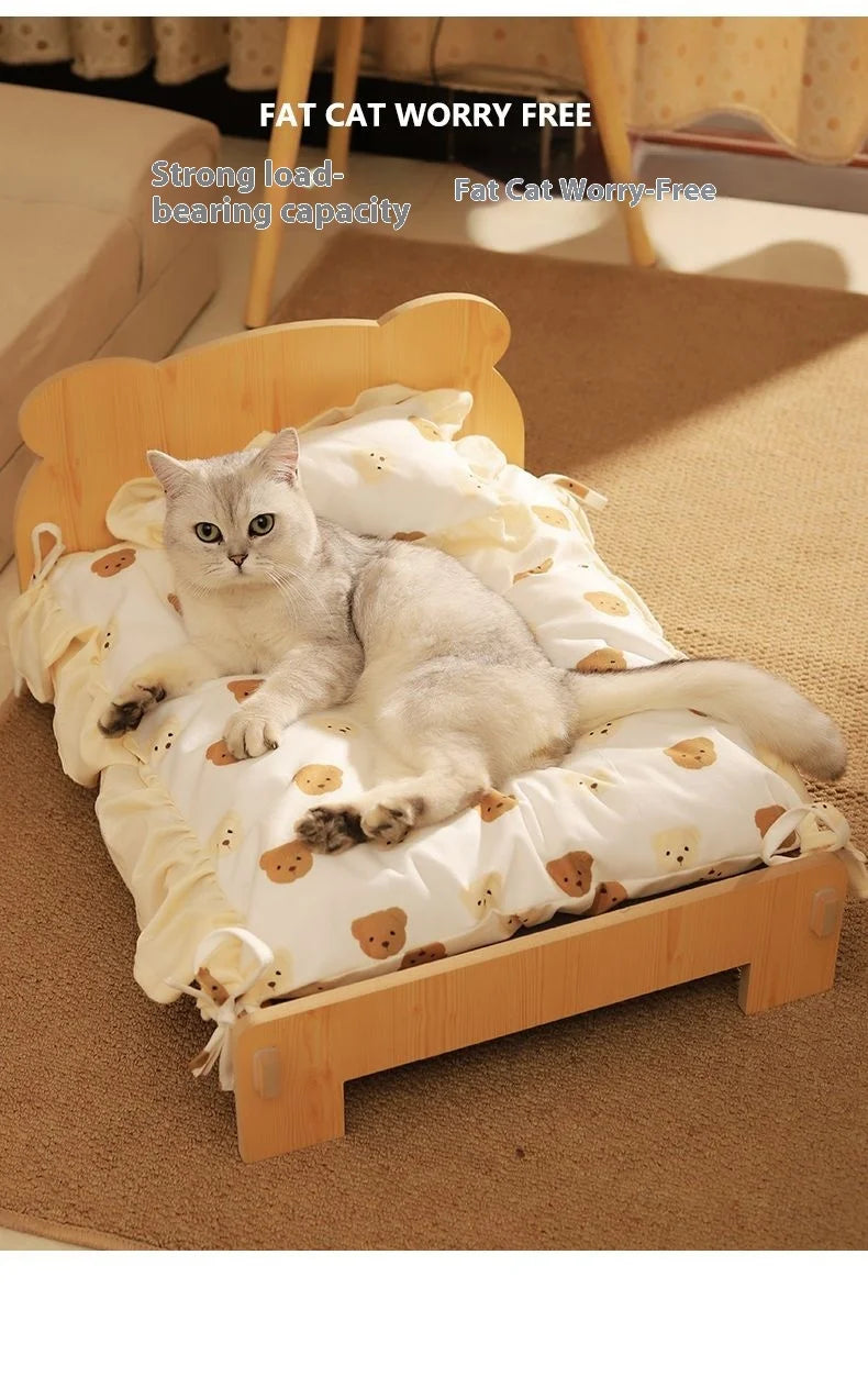 Solid Wood Cat Bed Summer Puppy Bed Removable Mat Washable All Season Universal Cat Nest
