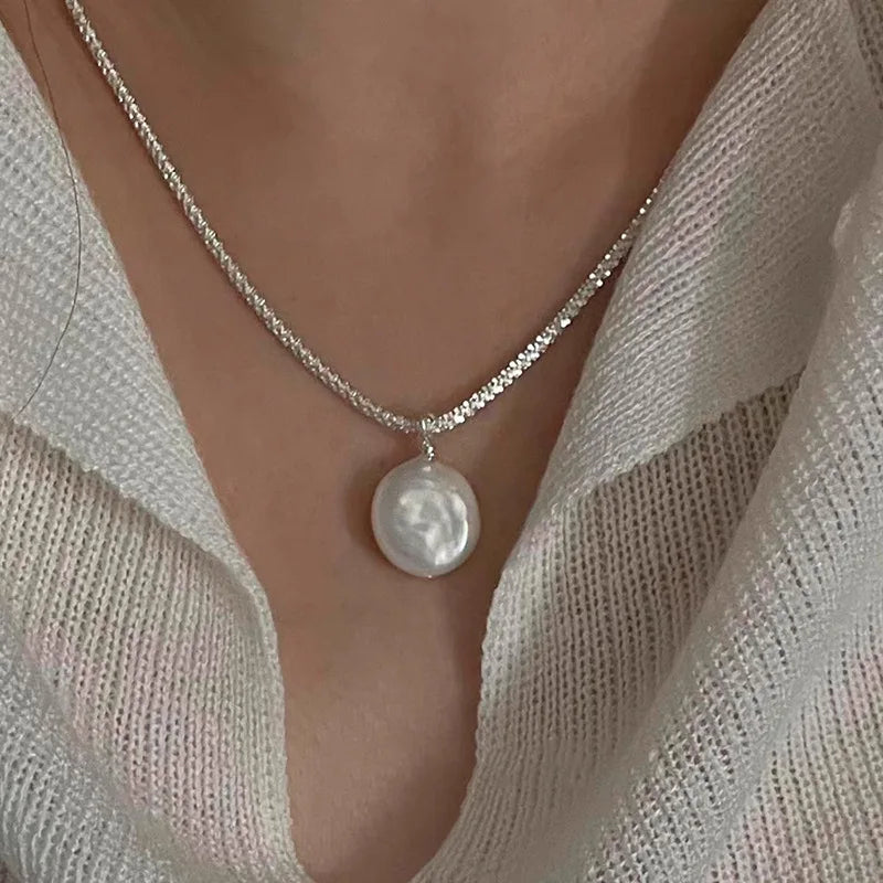 925 Silver Pearl Simple Elegant Thin Chain Pendant Necklace