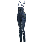 Denim Overalls Jeans Ankle Length Pencil Pants Pockets Holes Solid High Waist