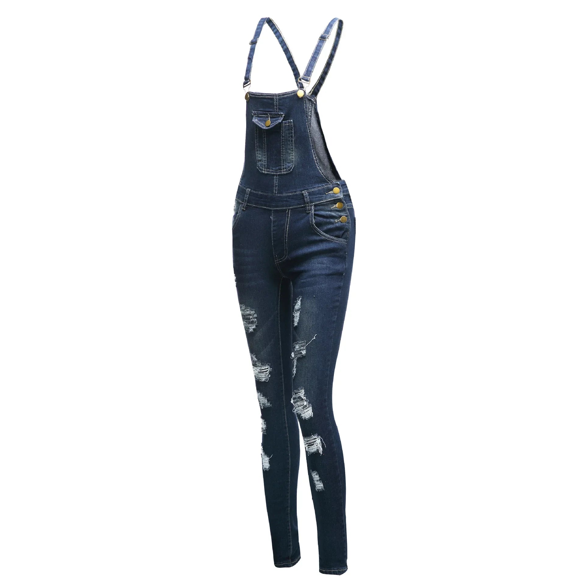 Denim Overalls Jeans Ankle Length Pencil Pants Pockets Holes Solid High Waist