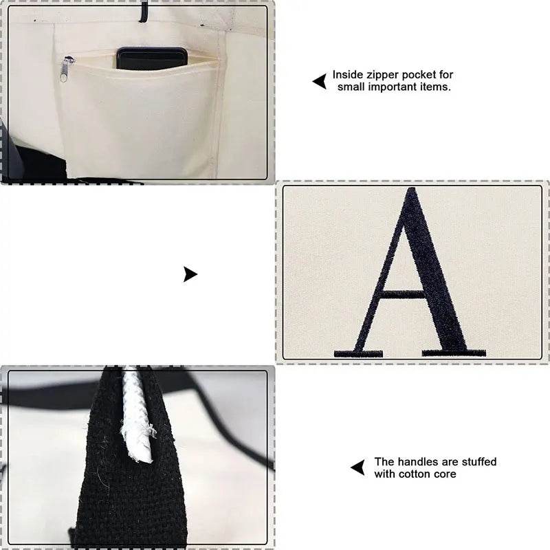 A-Z Canvas Totes bag Fashion Canvas Tote Letters Flower Portable Beach Shoulder Shopping Casual Beach Bag Large Capacity Handbag - Imbasat