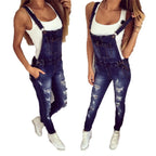 Denim Overalls Jeans Ankle Length Pencil Pants Pockets Holes Solid High Waist