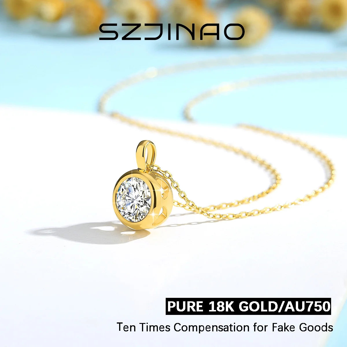 18K Gold Moissanite Necklace 1CT AU750 Pendant