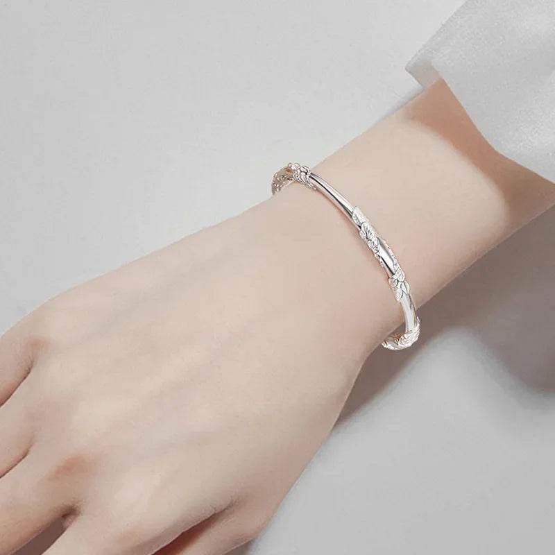 925 Sterling Silver Full-blown Flowers Bracelet For Women Original Texture Adjustable Solid Bracelets Light Luxury Party Jewelry - Imbasat