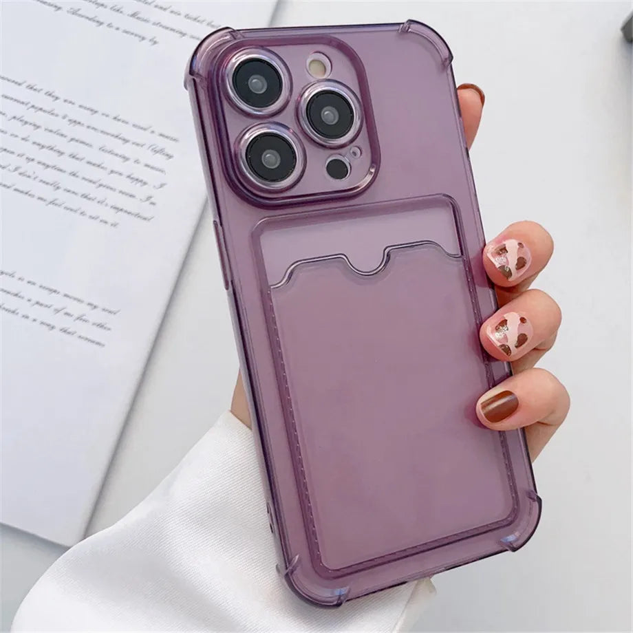 Transparent Card Slot Bag Holder Case For iPhone 16 15 14 13 12 11 Pro Max Mini X XR 7 8 Plus Clear Wallet Shockproof Soft Cover