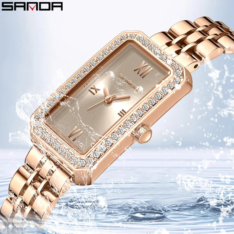 Sanda 1122 Trendy Design 2023 Hot Sale Rectangle Dial Waterproof Quartz Movement Business Women Analog Wrist Watch