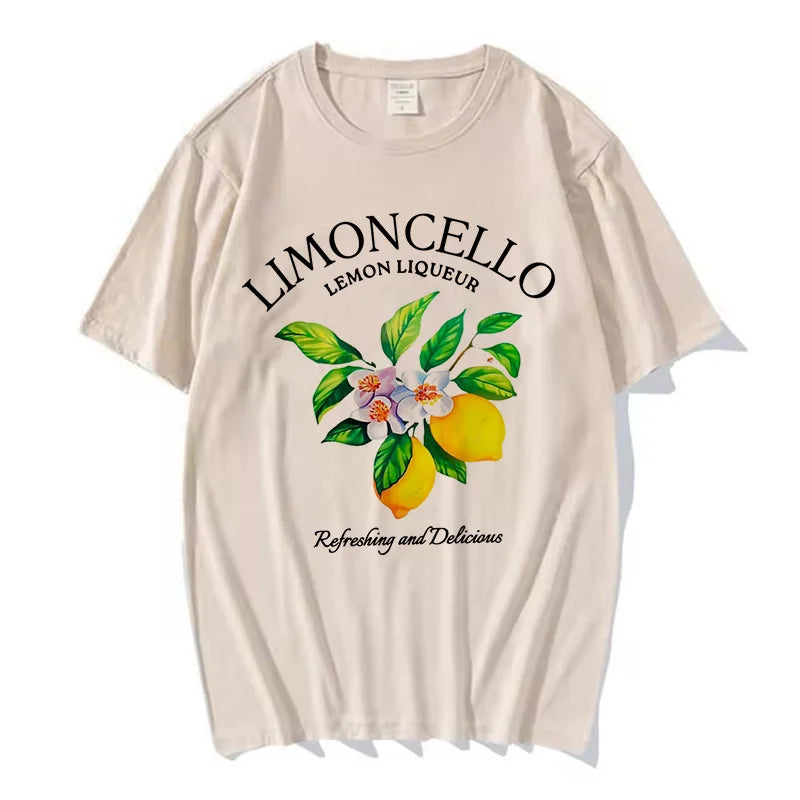 90s Printed Lemon Print T-shirt Short Sleeve Crew Neck Casual Top