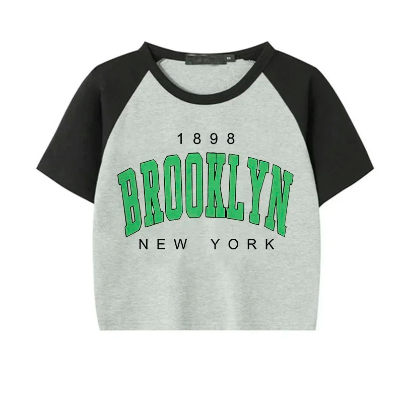 Brooklyn 1898 Letter Print Crop Graphic T-shirt Korean Style
