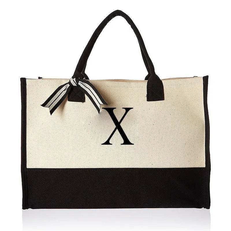 A-Z Canvas Totes bag Fashion Canvas Tote Letters Flower Portable Beach Shoulder Shopping Casual Beach Bag Large Capacity Handbag - Imbasat