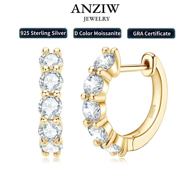 Anziw 14k Gold Plated Hoop Earrings for Women 3.5mm D Color 925 Sterling Silver Moissanite Diamond Huggie Earring Girls Jewelry