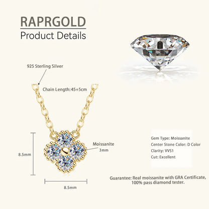 RAPRGOLD GRA Certified Moissanite Clover Pendant Necklace for Women Real S925 Sterling Silver Chains Wedding Neck Jewelry Gifts