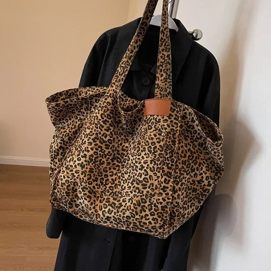 Oversized Leopard Prints Shoulder Bags for Women Deformable Canvas Large Capacity Shopping Totes 2024 Winter New Luxury Handbags - Imbasat