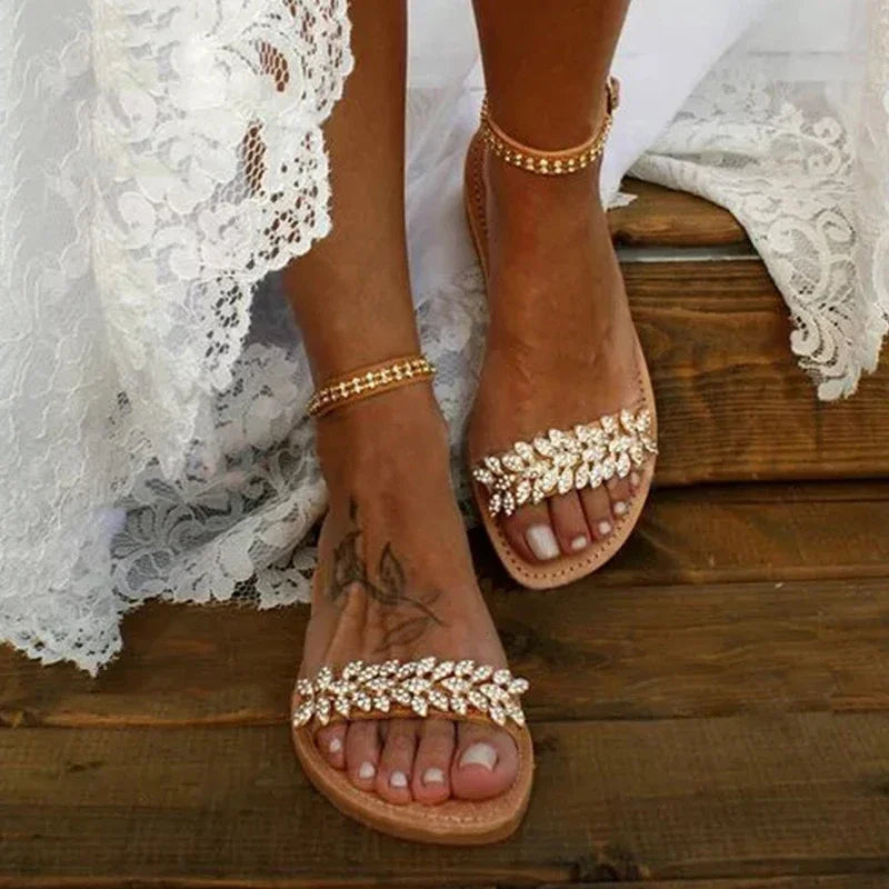 Summer Flat Sandals Women Bohemian Style Shoes Casual 2022 Beach Wedding Sandals Shoes Plus Size Rhinestone Open Toe