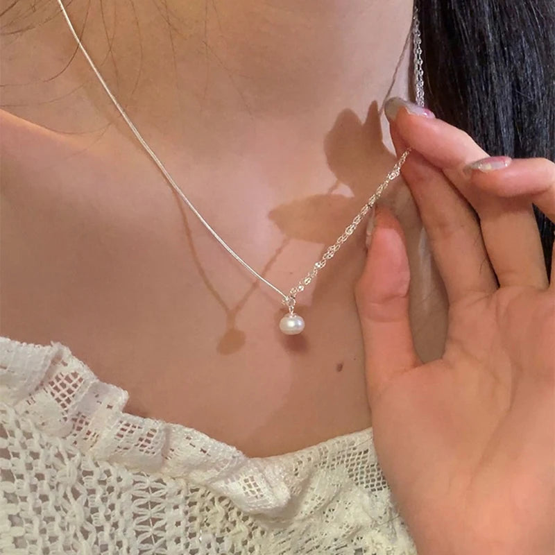 925 Silver Pearl Simple Elegant Thin Chain Pendant Necklace