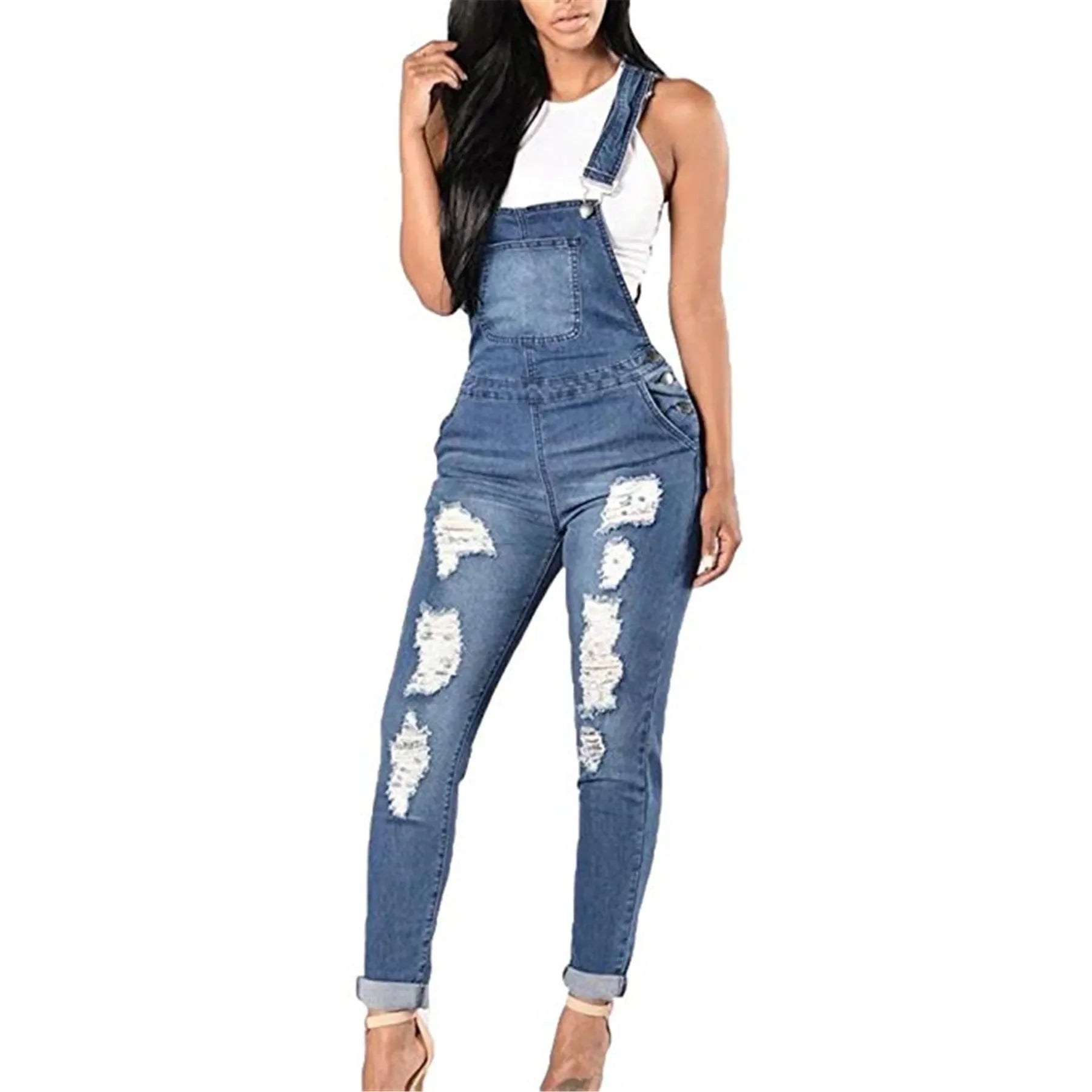 Denim Overalls Jeans Ankle Length Pencil Pants Pockets Holes Solid High Waist