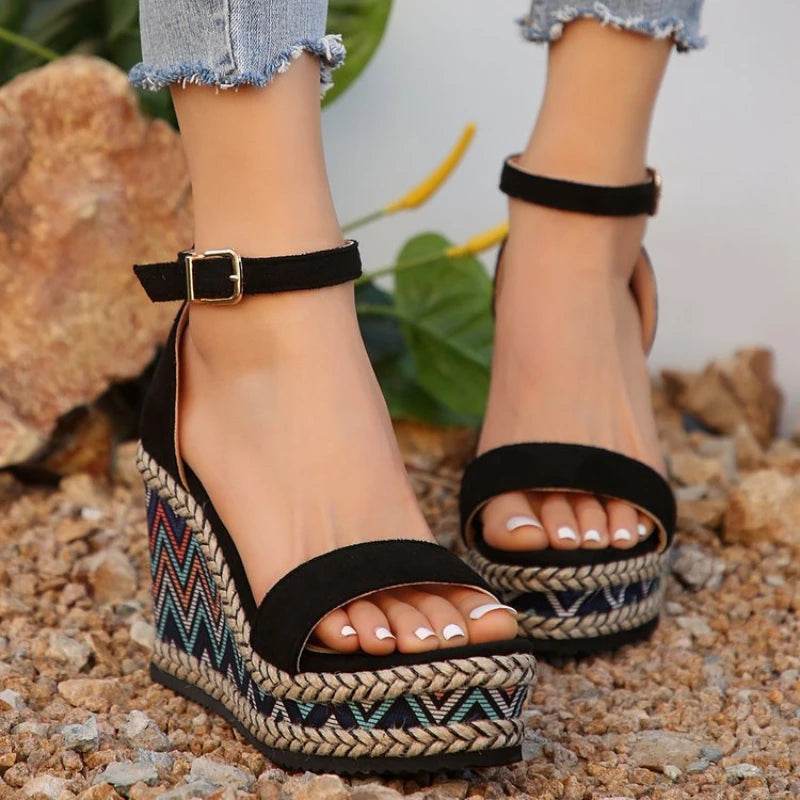 2024 Summer New European and American Fashion Simple Ethnic Style Slope Heel Sandals with One Button High Heel Women's Shoes - Imbasat
