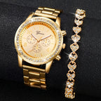 Gold Color Quartz Watch & Diamond Bracelet