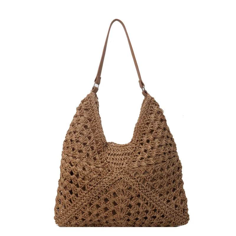 Women Straw Tote Bag Large Capacity Vintage Vacation Shoulder Bag Everything Casual Handbag Designer Hollow Summer Beach Bag - Imbasat
