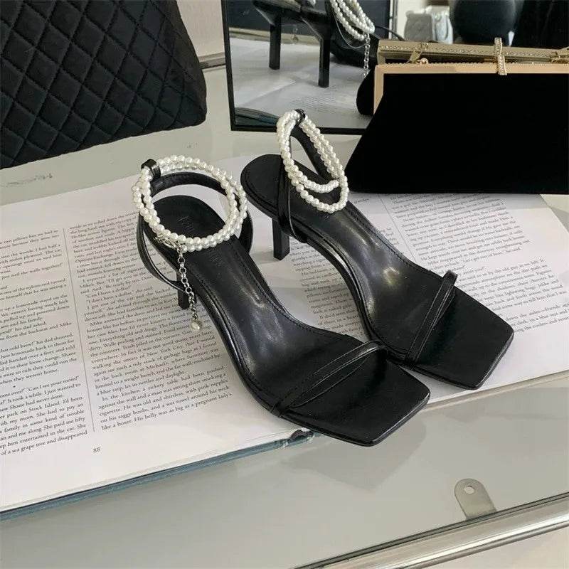 Low Heel Sandals Woman Leather Suit Female Beige Silver Summer High Heels Low-heeled Fashion Comfort Girls High-heeled Sandals - Imbasat