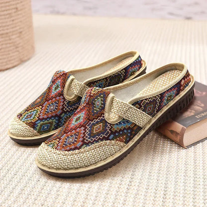 Fashion Women's Shoes Ethnic Style Embroidered Linen Breathable Outdoor Casual Slippers Shoes for Women Zapatos De Mujer 2024