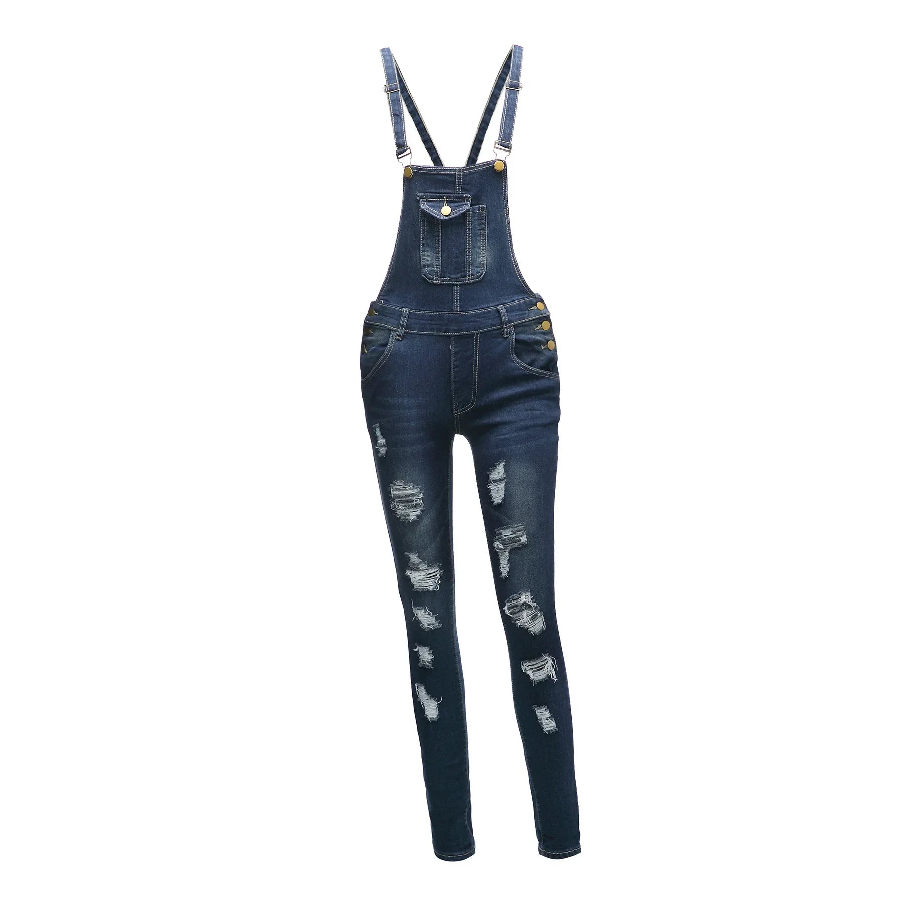 Denim Overalls Jeans Ankle Length Pencil Pants Pockets Holes Solid High Waist