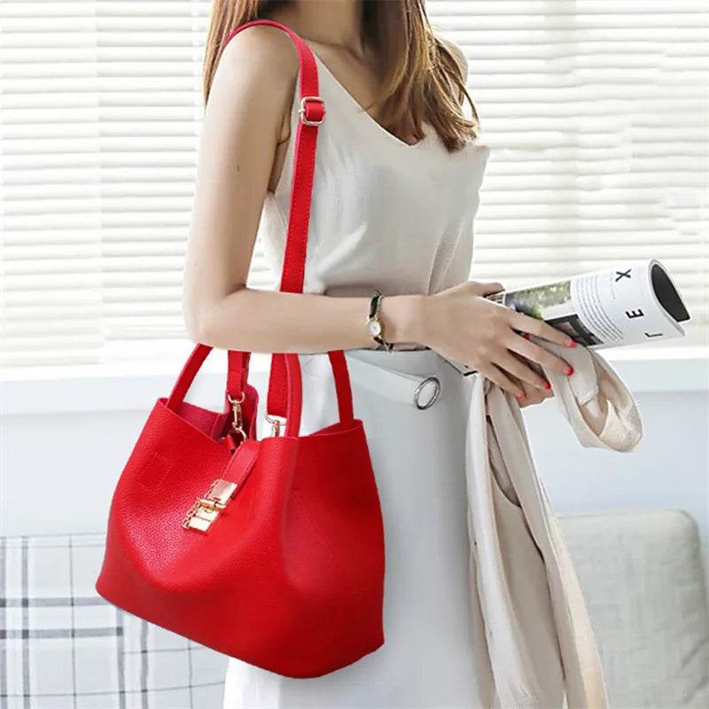 Woman Shoulder Bag Large Capacity Handbag Women Crossbody Bag Lychee Pattern PU Portable Bucket Bag Ladies Messenger Bags - Imbasat