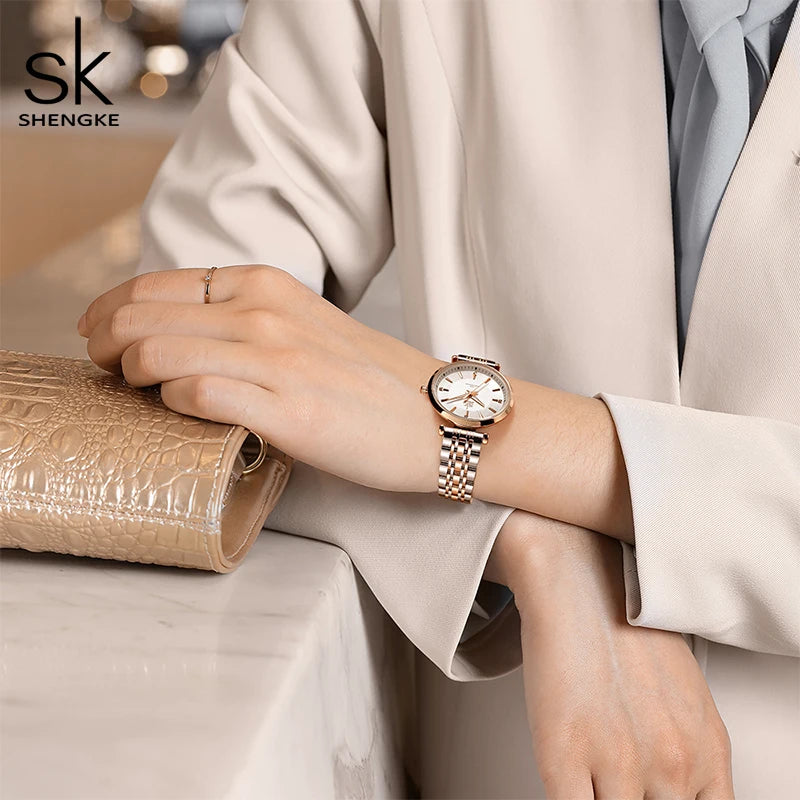 Relogio Feminino Shengke sk Fashion Women Watches Rose Golden Stainless Steel Woman's Quartz Wristwatches Ladies Colorful Clock