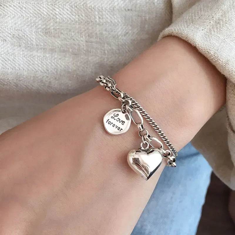 Elegant 925 Sterling Silver Love Letter Heart Double Layer Bracelet Female Unique Design Thai Silver Retro Light Luxury Jewelry - Imbasat