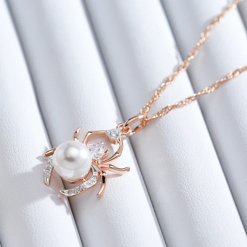 Kinel Hot Punk Spider Pearl Pendant Necklace for Women Fashion 585 Rose Gold Silver Color Mix Party Pendant Daily Fine Jewelry