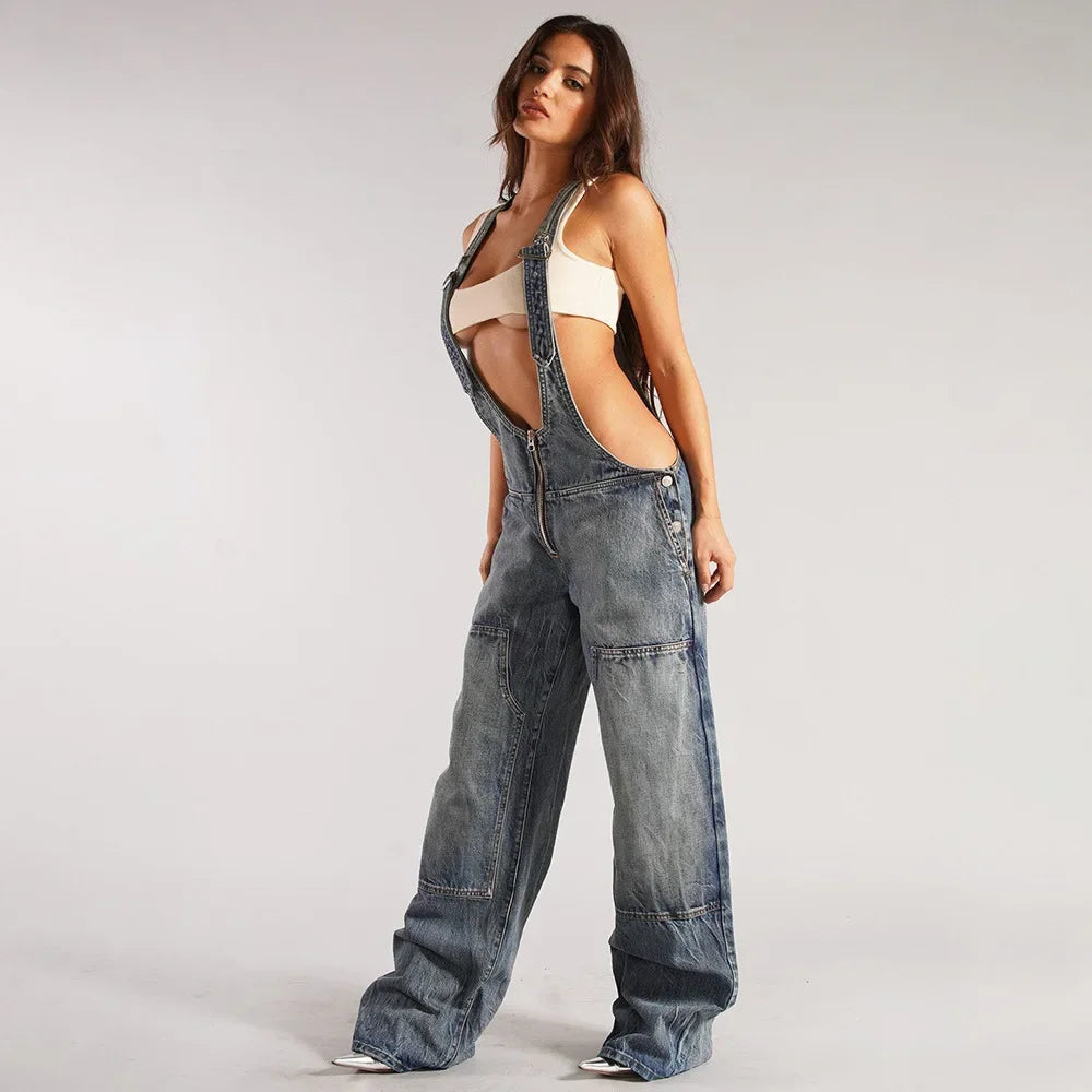 Jumpsuits Jeans Overalls  Backless Vintage Full Length Denim Straight Pants Loose Pockets