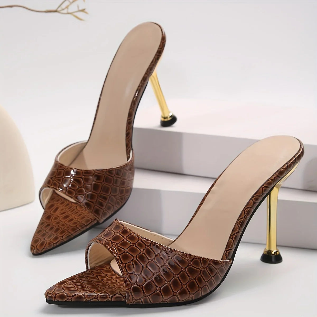 Glamorous Crocodile Texture High Heel Sandals - Chic Slip-On Stilettos with Pointy Peep Toe for Fashion-Forward Parties Banquets