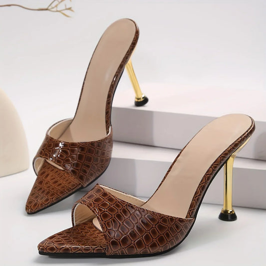 Glamorous Crocodile Texture High Heel Sandals - Chic Slip-On Stilettos with Pointy Peep Toe for Fashion-Forward Parties Banquets - Imbasat