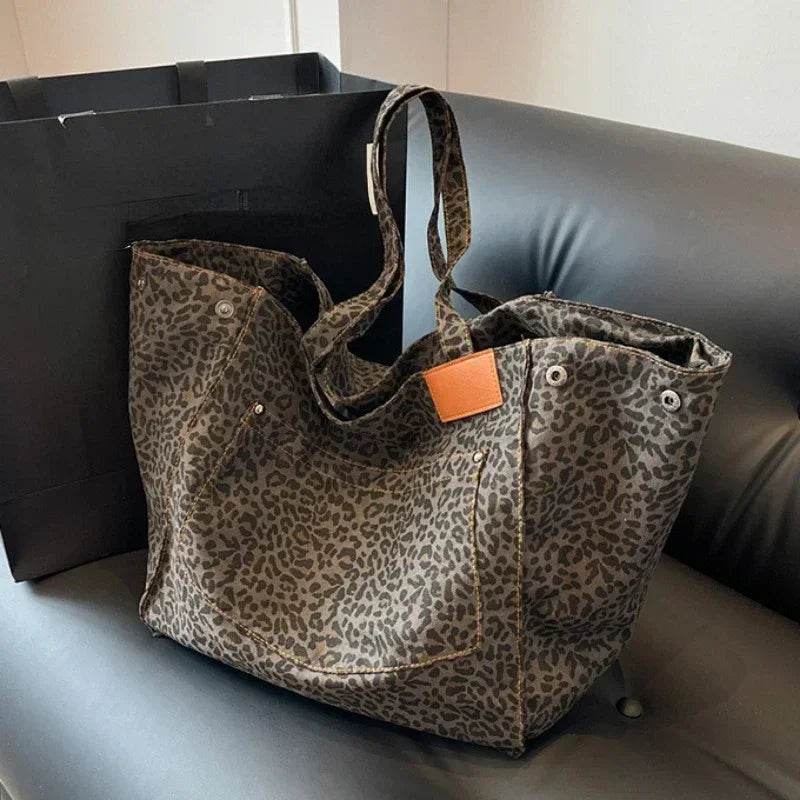 Oversized Leopard Prints Shoulder Bags for Women Deformable Canvas Large Capacity Shopping Totes 2024 Winter New Luxury Handbags - Imbasat