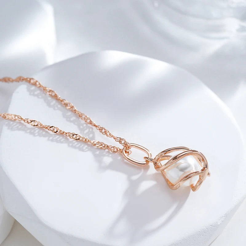 Kinel Luxury 585 Rose Gold Pendant Necklace for Women Unique Geometric Hollow Pearl Bridal Wedding Jewelry Daily Wear Gift