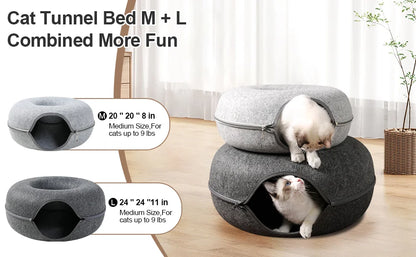 Cat Tunnel Bed for Indoor Cats Scratch Resistant Donut Cat Bed Cave Indoor Cat Hideout Detachable Round Felt & Washable