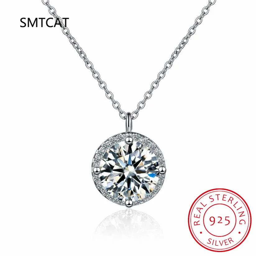 Luxury Certified Moissanite Diamond Classic Round Pendant Necklace for Women Real 925 Sterling Silver Chain Wedding Jewelry