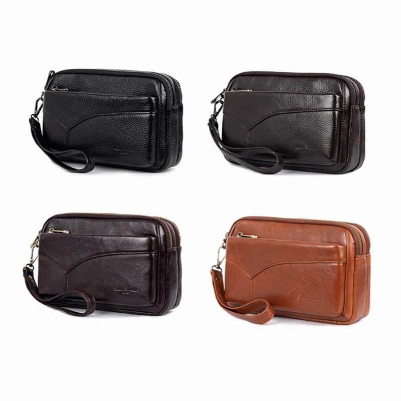 Genuine Leather Hand Bags For Men Large Capacity Money Purse Cell Mobile Phone Pocket Women Soft Double Zipper Male Clutch Bags