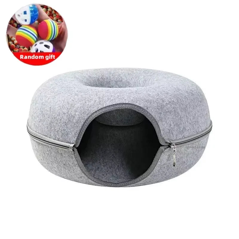 Cat Tunnel Bed for Indoor Cats Scratch Resistant Donut Cat Bed Cave Indoor Cat Hideout Detachable Round Felt & Washable