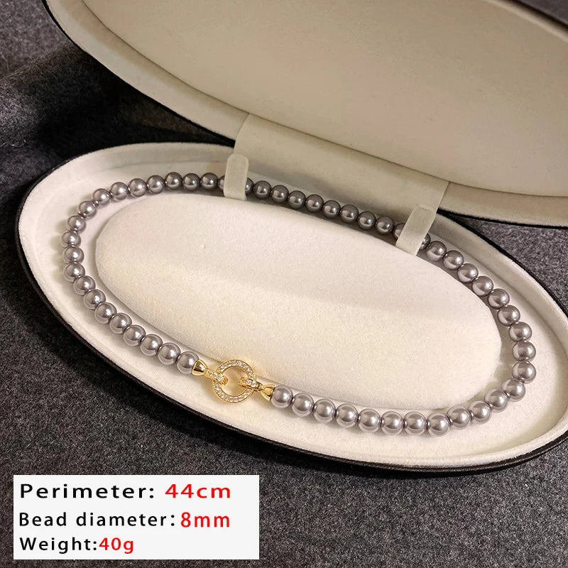 French Elegant Micro Set Zircon Round Buckle Imitation Pearl Beaded Necklace For Women's Temperament Jewelry Sweet Accessories