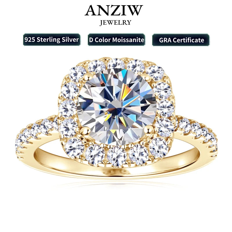 Anziw Real 2CT 8mm Round Moissanite Square Ring 925