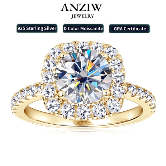 Anziw Real 2CT 8mm Round Moissanite Square Ring 925 Sterling Silver Luxury Brilliant Diamond Wedding Finger Rings Band For Women