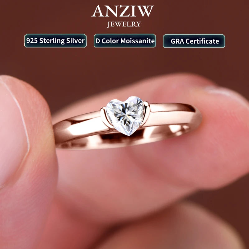 Anziw Rose Gold Color 0.5ct Heart Shaped Moissanite Solitaire Ring Silver 925 for