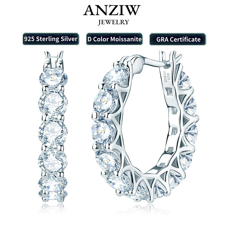Anziw Luxury Hoops Sparking Full Moissanite Earrings Solid Silver 925
