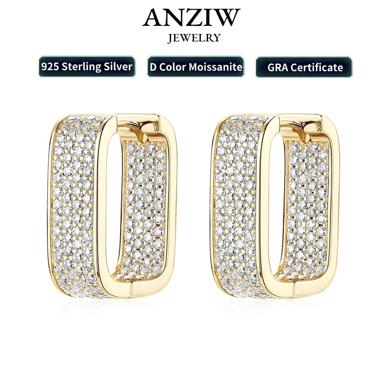 925 Silver Square Hoop Earrings Full Round Cut Moissanite Diamond Earrings